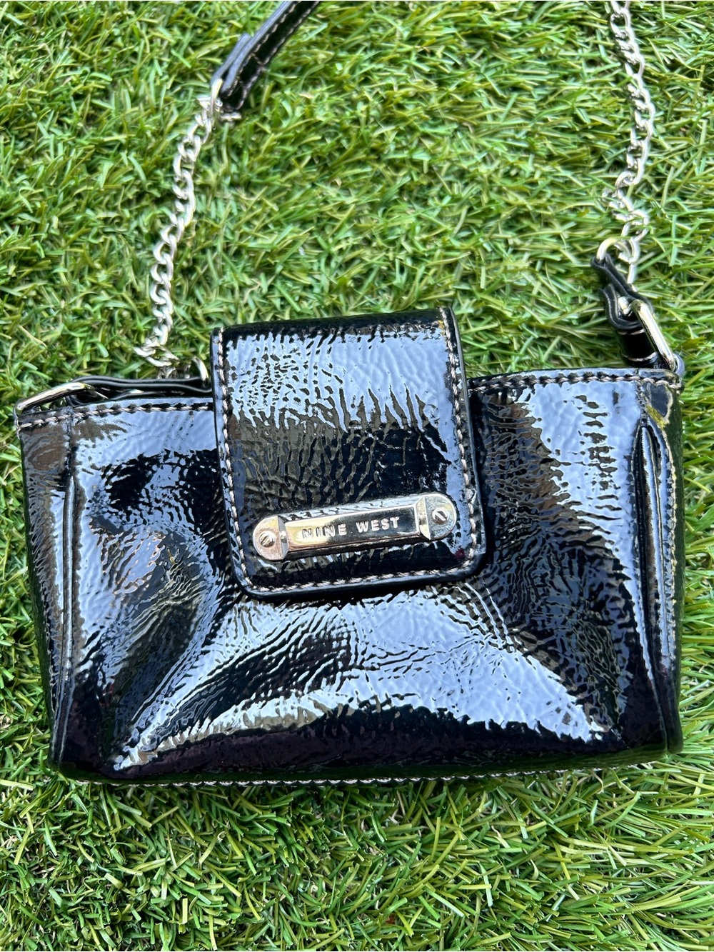 Nine West Black Patent Mini Crossbody Wallet with Chain Strap